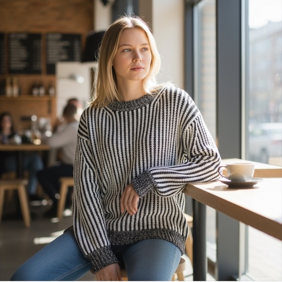 Elizabeth and James Sweaters - Elizabeth & James Striped Chunky Knit Crewneck Sweater Black White Small